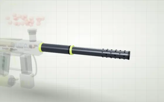 Barrel highlighted on a 3D model of a paintball marker
