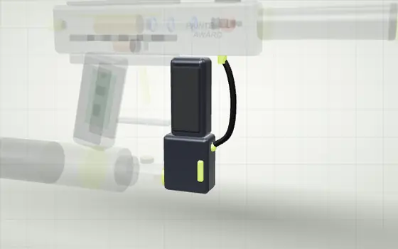 Foregrip highlighted on a 3D model of a paintball marker