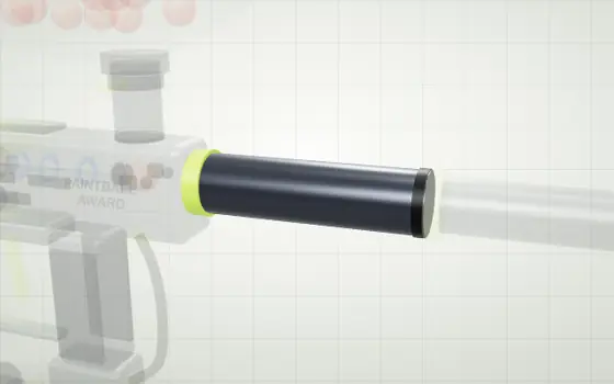 Barrel back highlighted on a 3D model of a paintball marker