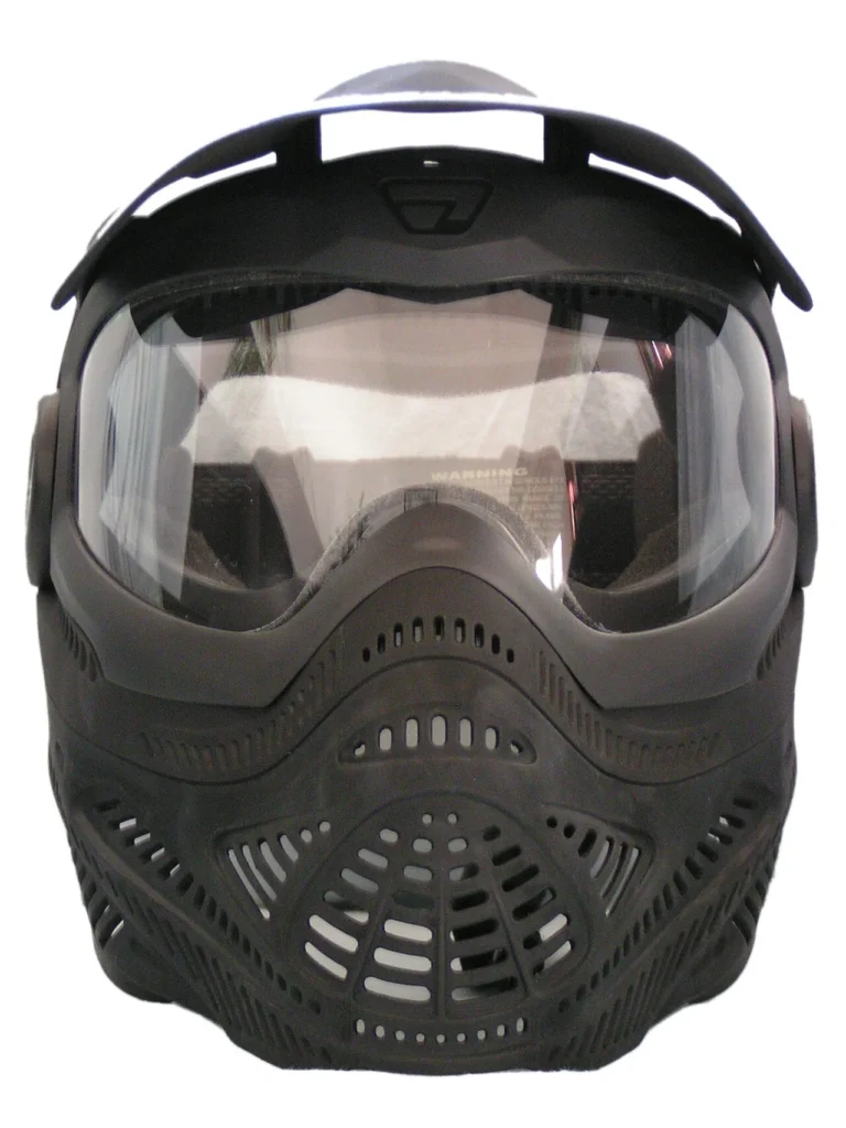 Front of a paintball mask showing the mouth vents